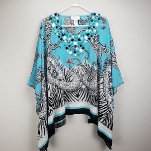 Soft Surroundings Women's Persian Paisley Poncho Turquoise Blue‎ And Black OS